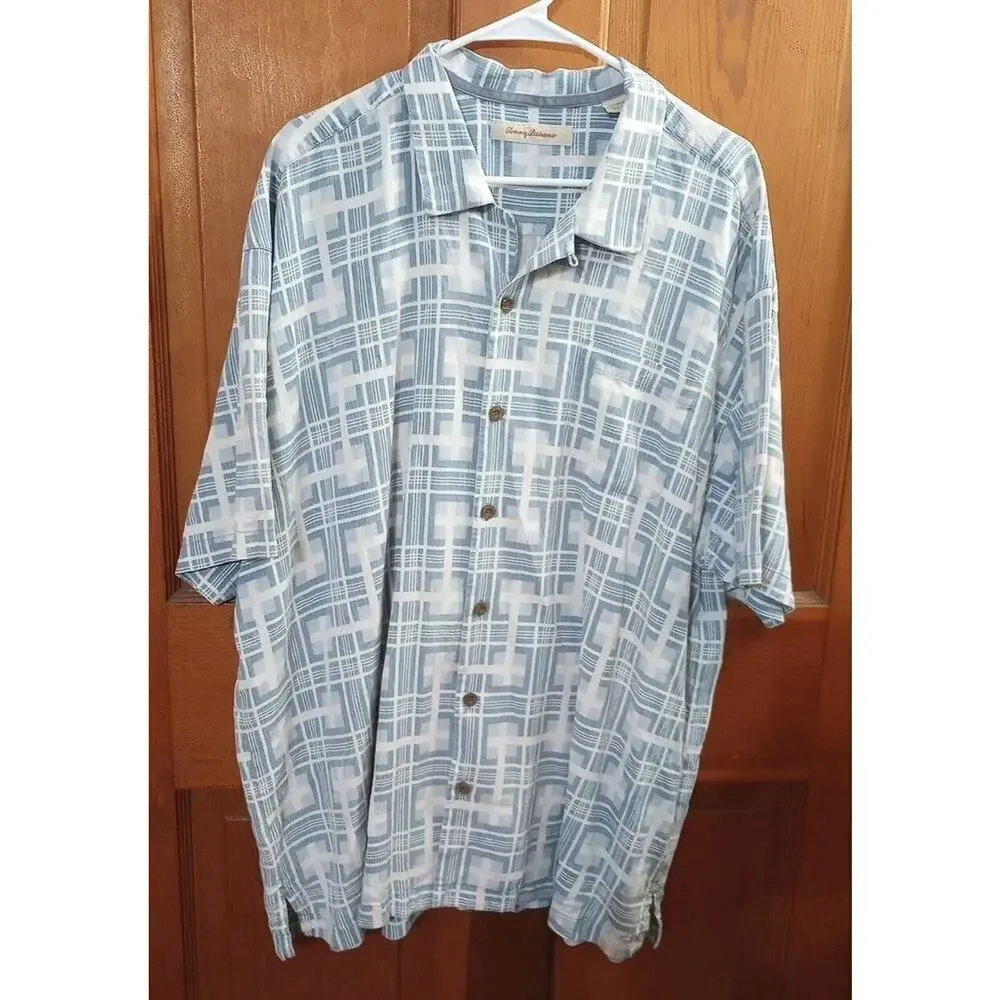 Tommy Bahama Silk shirt Textured‎ Short Sleeve Blue Square Print 2X-Large